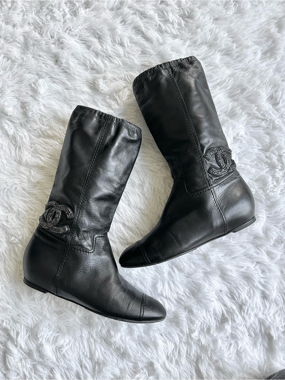 Vintage Chanel leather beaded CC black boots